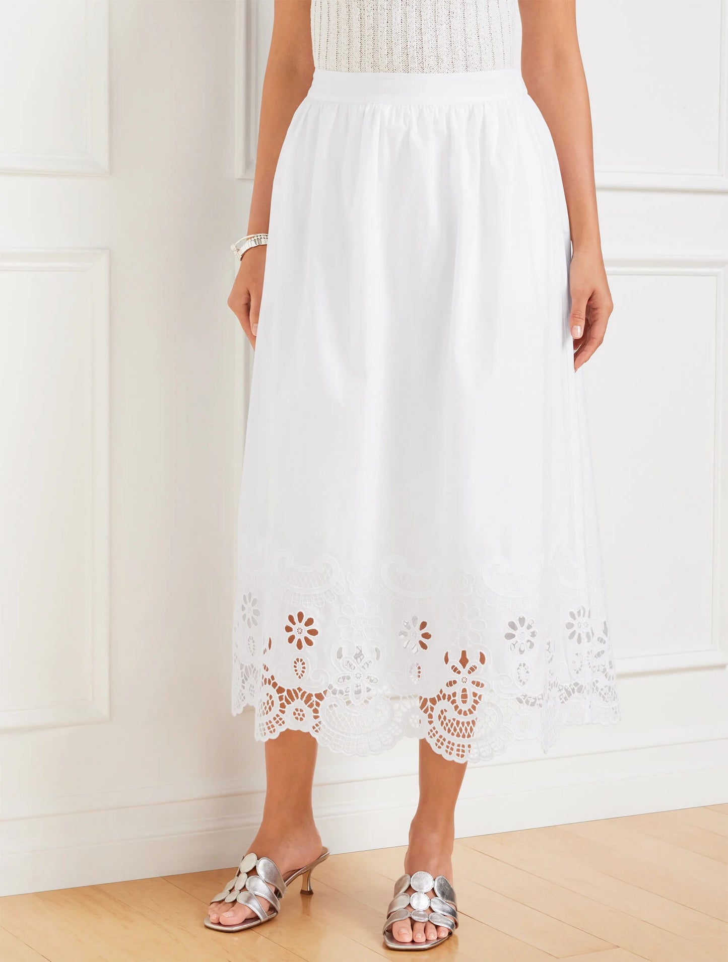 Embroidered Poplin Fit & Flare Midi Skirt