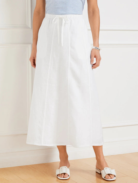 Linen Drawstring Midi Skirt - White