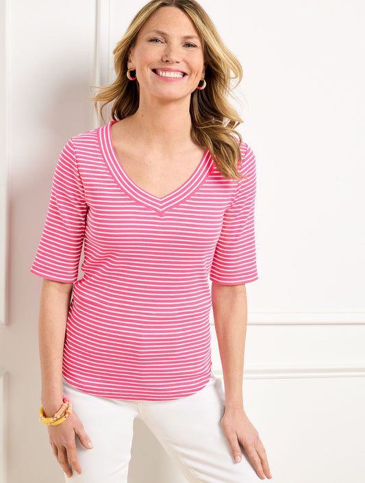 Ribbed V-Neck Tee - Alice Stripe