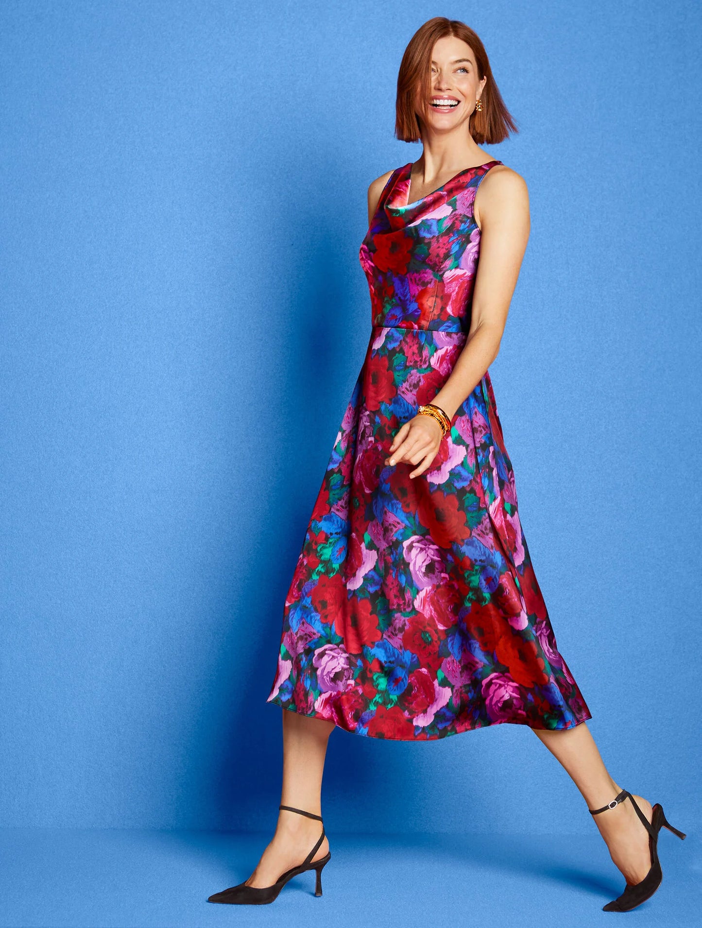 Satin Cowl-Neck Dress - Wrapped Floral