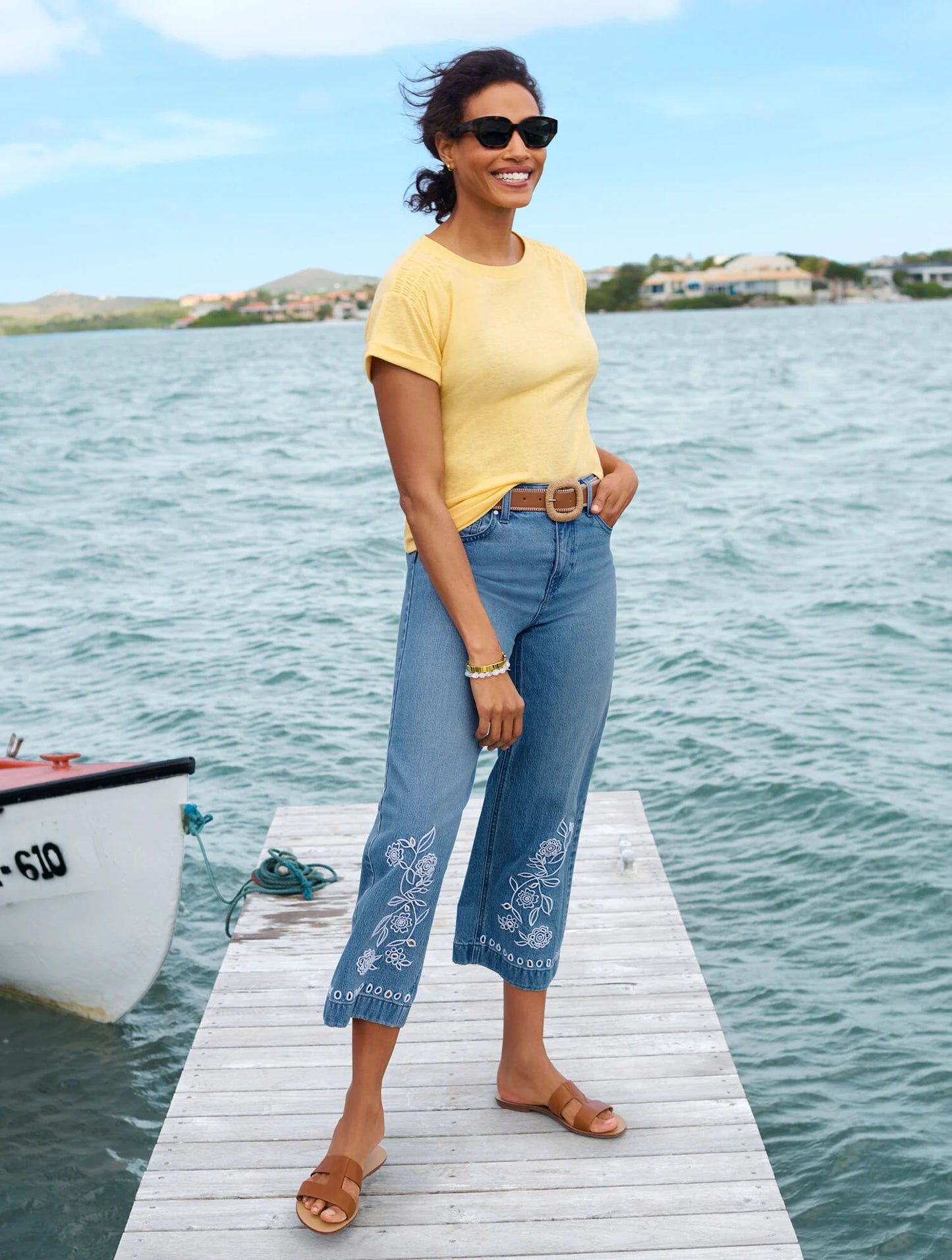 High Waist Wide Crop Embroidered Jeans - Lacey Wash