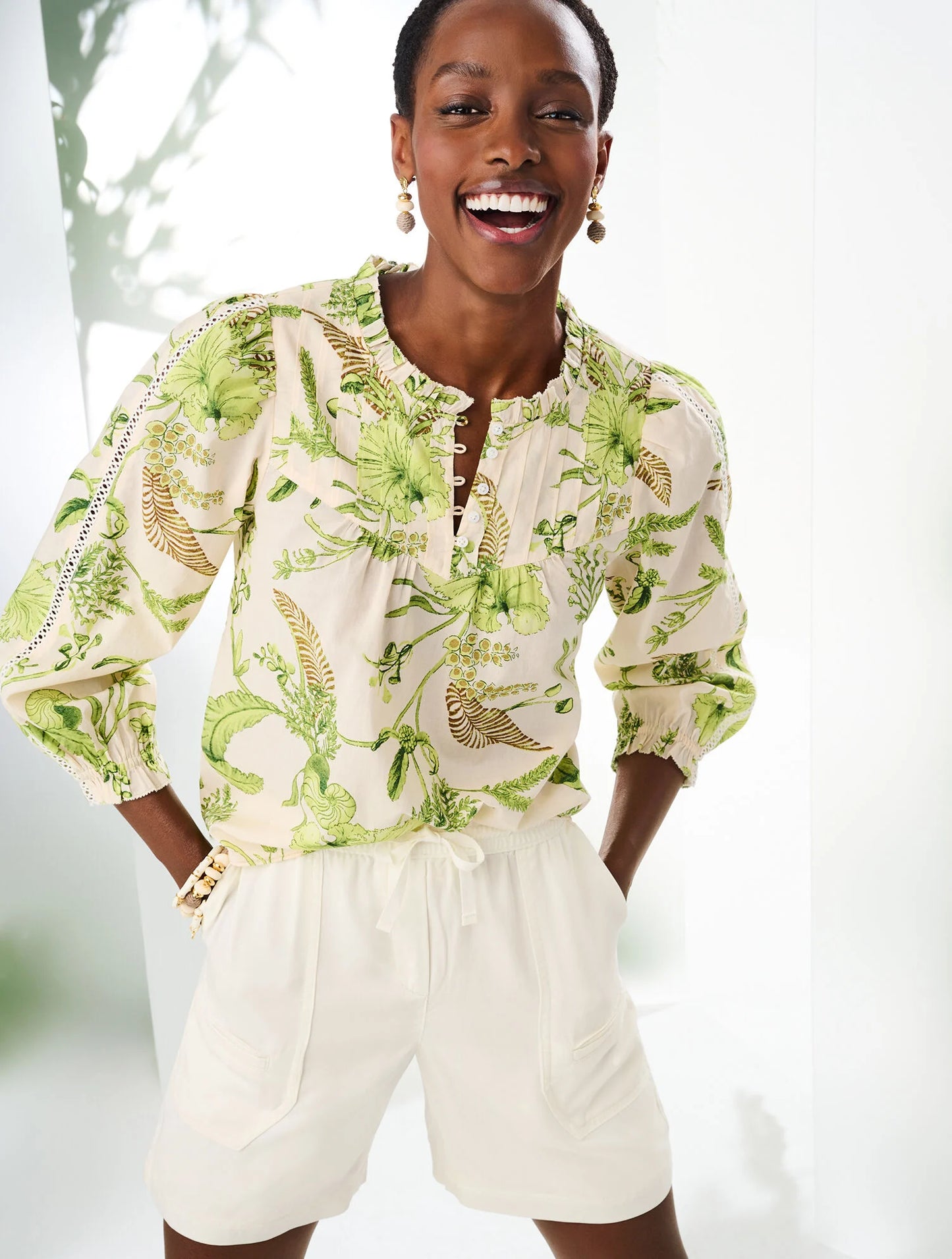 Lace Trim Pintuck Top - Branching Floral