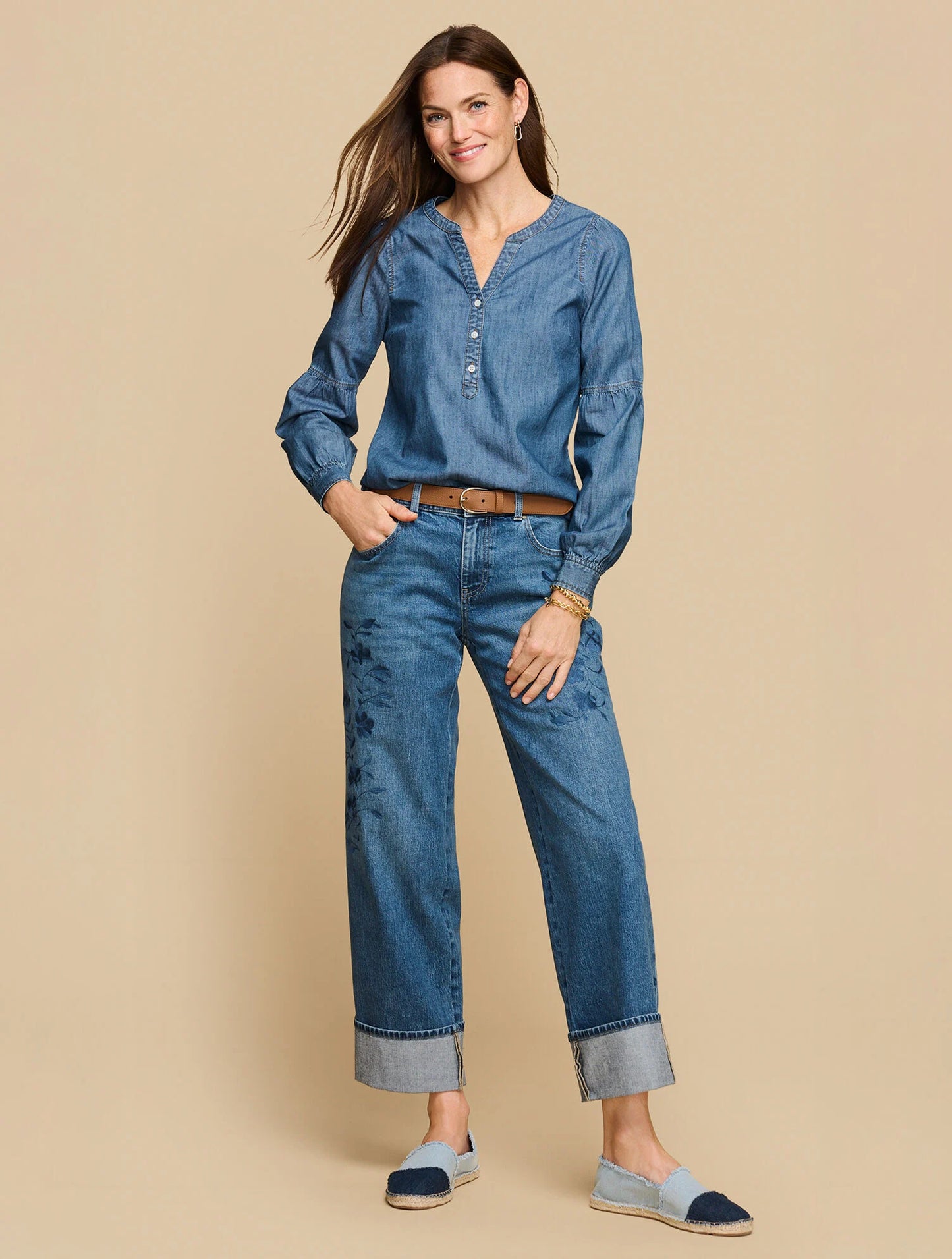 Wide Straight Ankle Embroidered Cuff Jeans - Botanica Wash