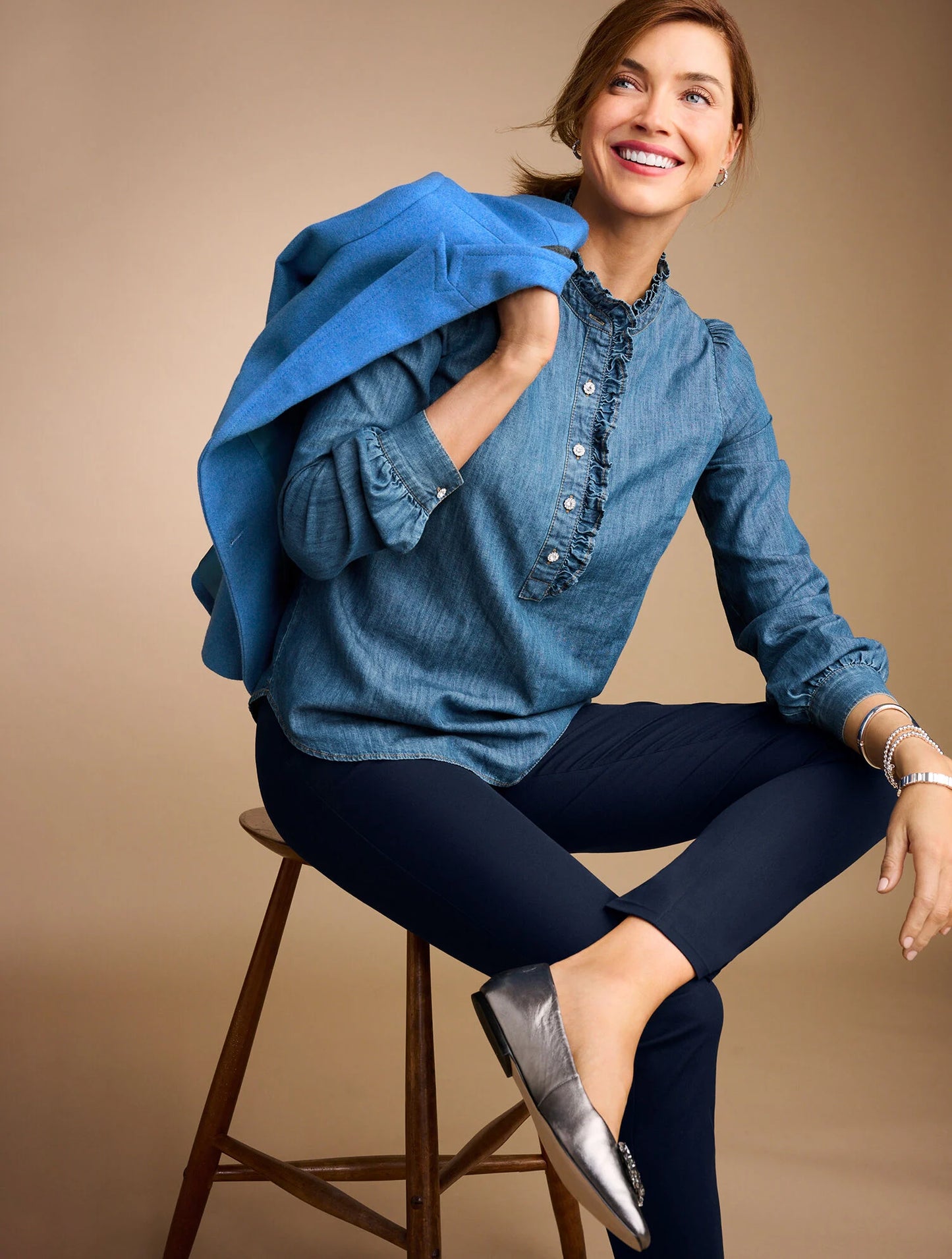 Ruffle Neck Denim Popover