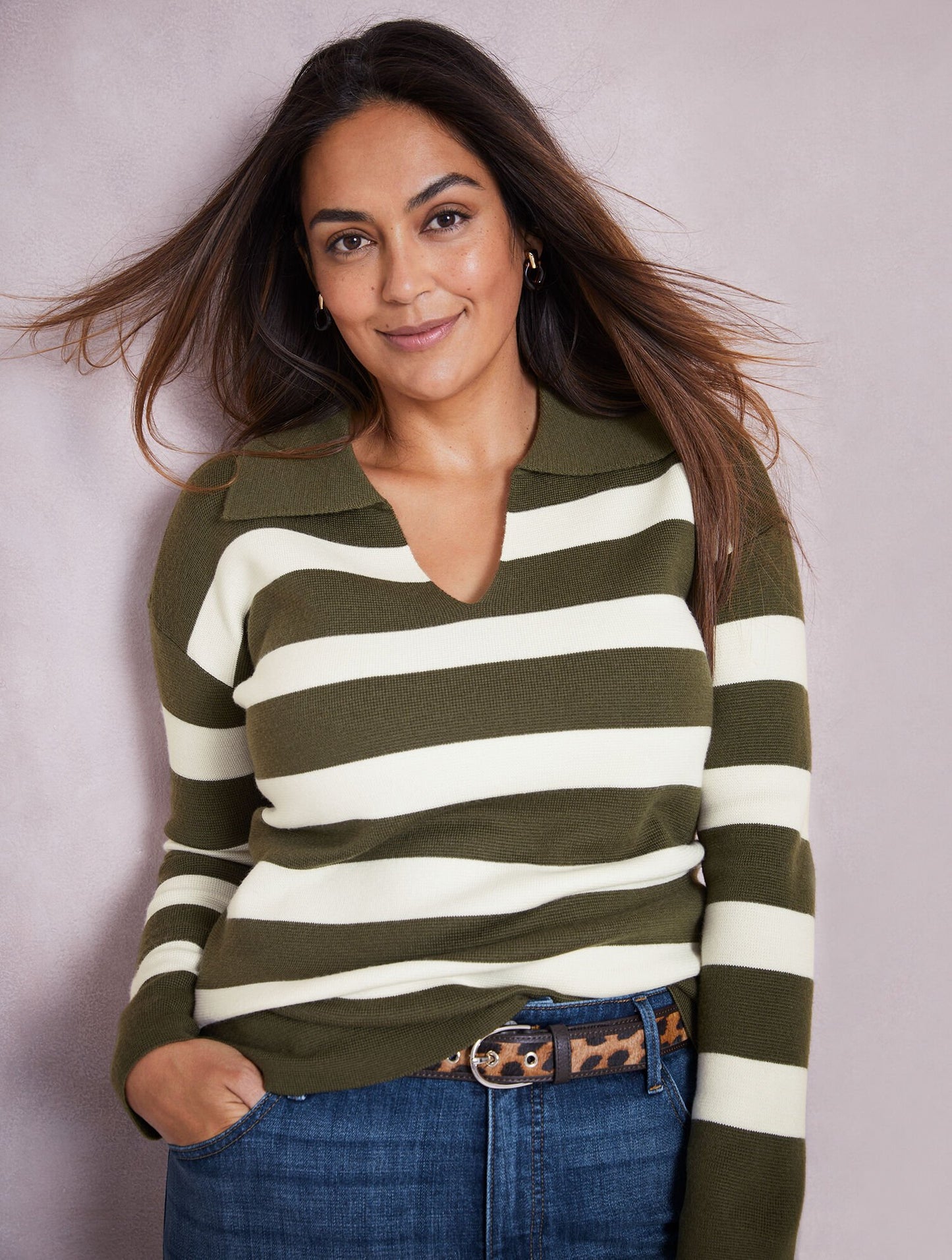 Milano Stitch Johnny Collar Sweater - Stripe