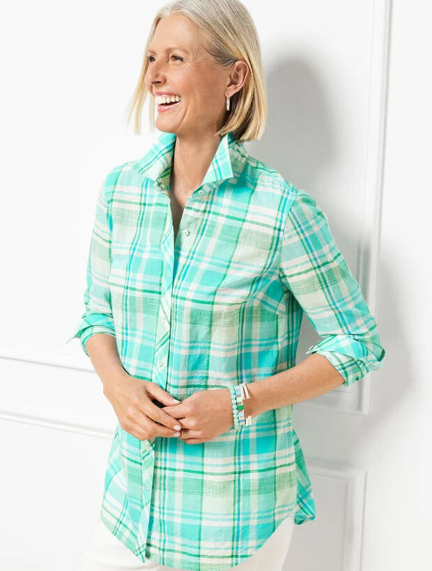 Cotton Button Front Shirt - Mulberry Plaid