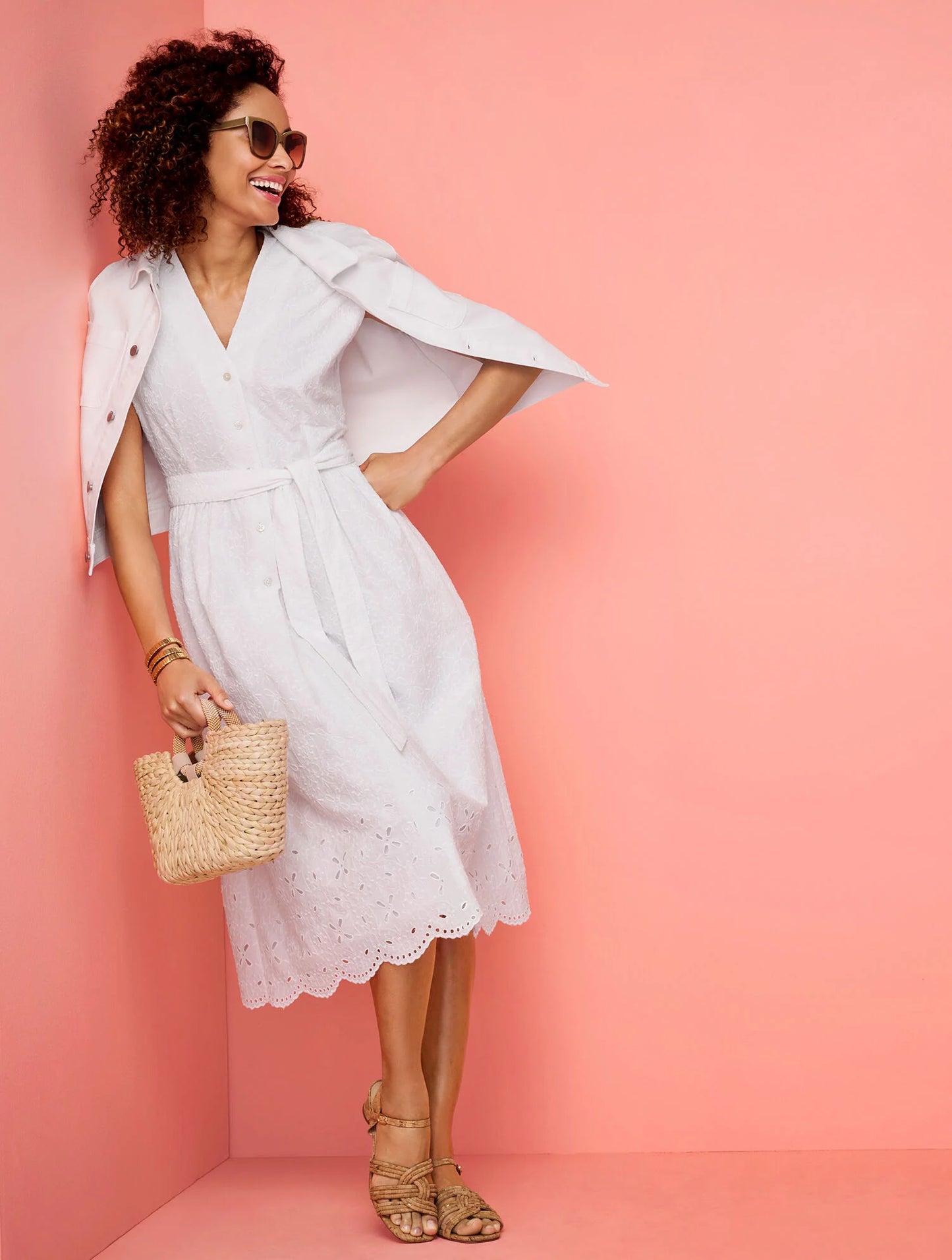 Tie Waist Midi Dress - Medallion Floral Eyelet