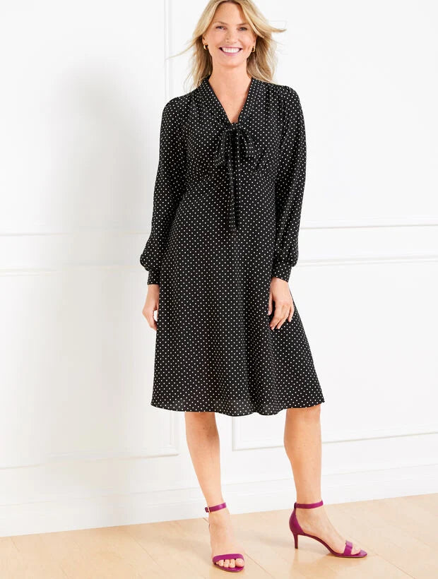 Tie Neck Shift Dress - Polka Dot