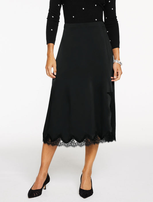 Lace Trim Satin Midi Skirt