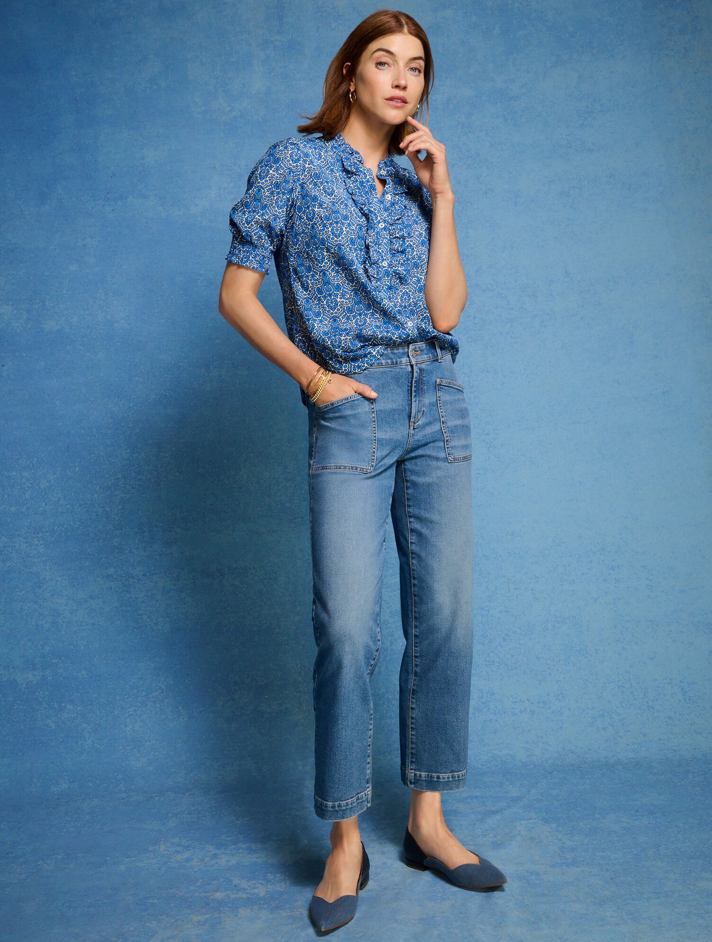 Ruffle Button Front Top - Woodland Damask