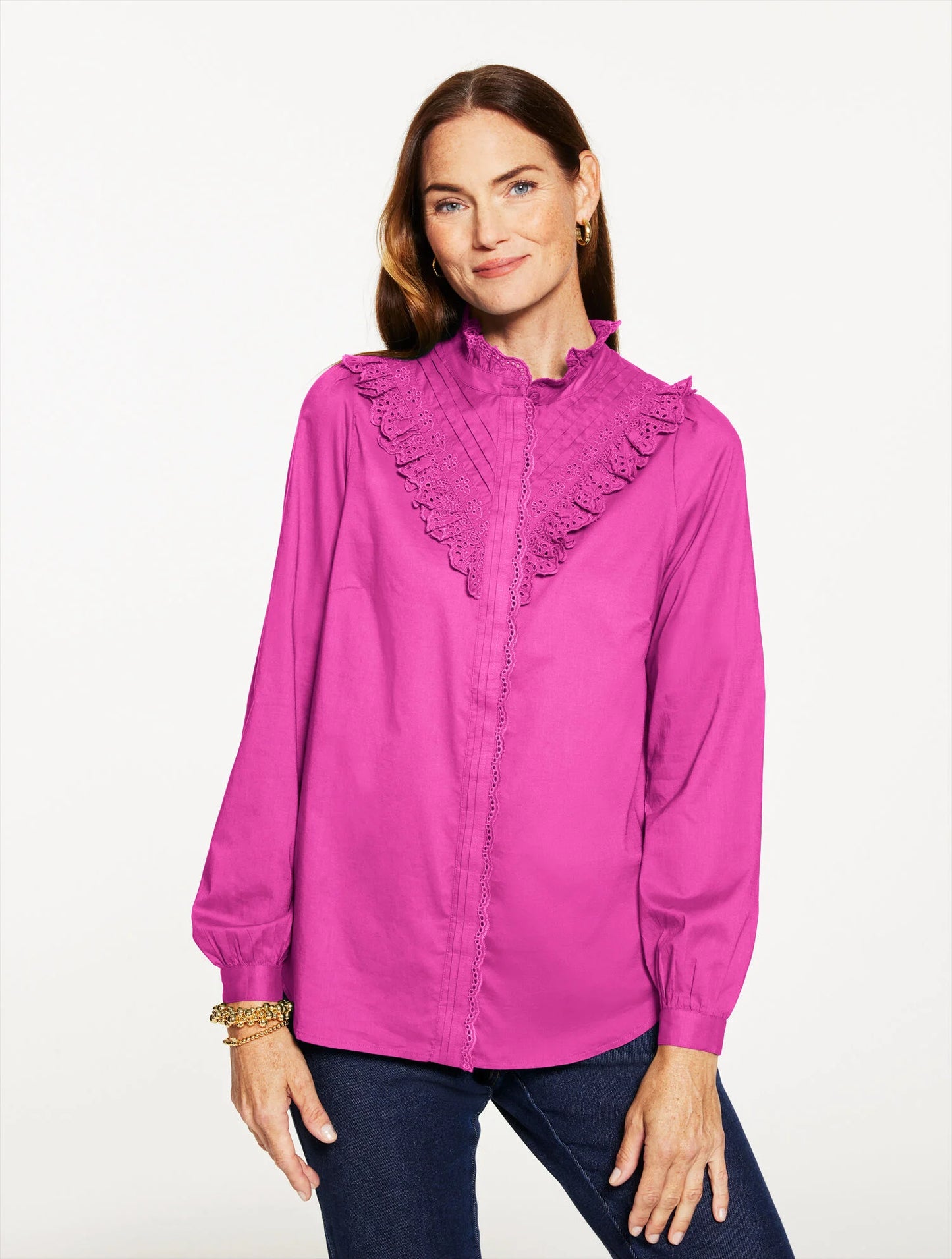 Eyelet Ruffle Button Front Top
