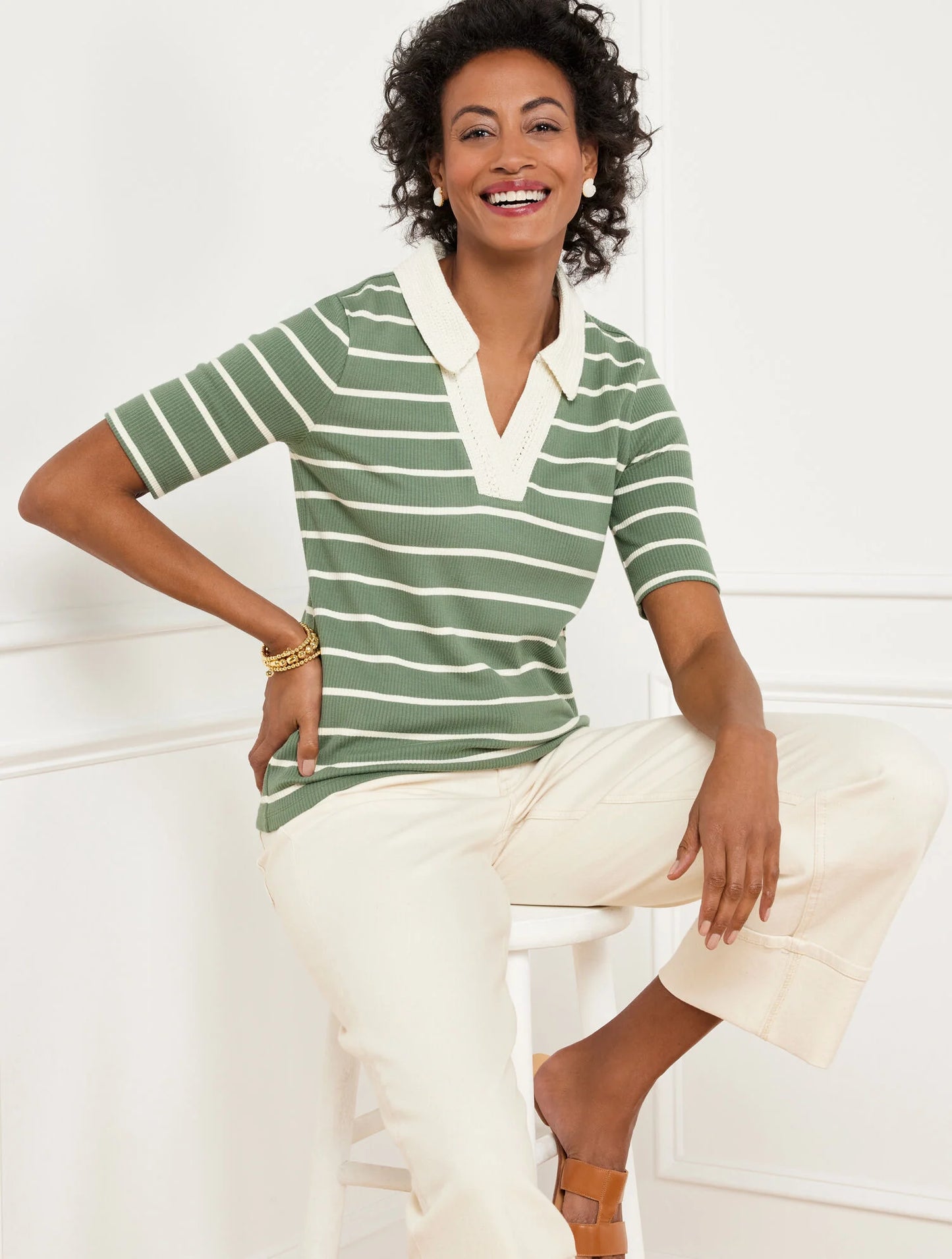 Crochet Trim Polo - Stripe