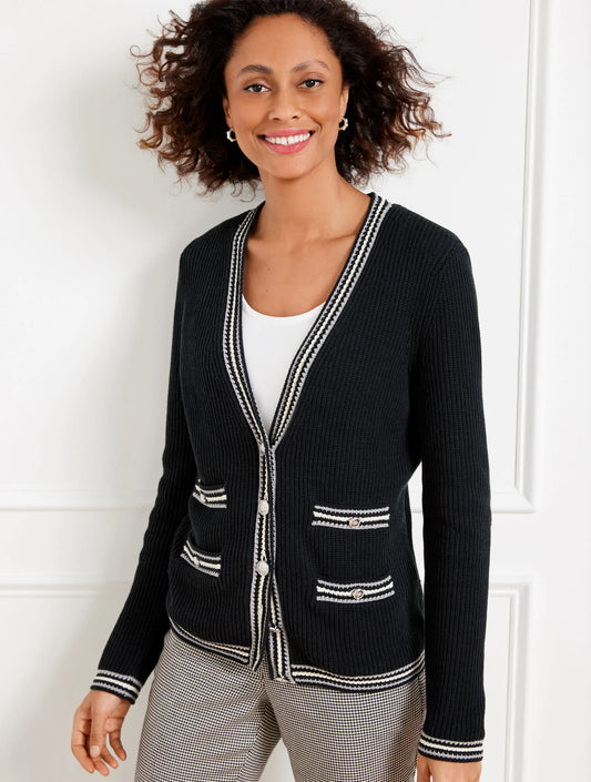 Texture V-Neck Cardigan - Tipped Stripe