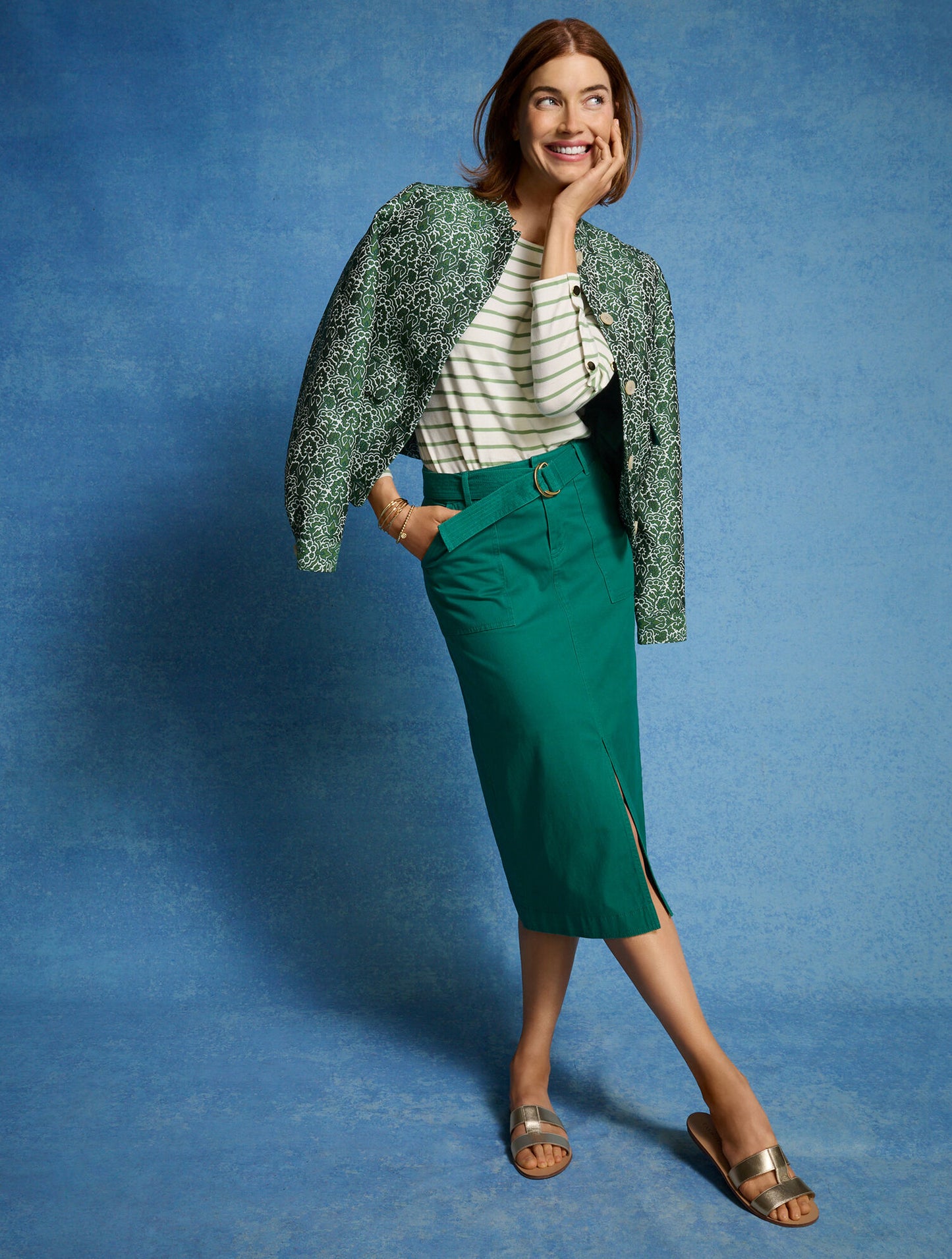 Belted Twill Midi Skirt