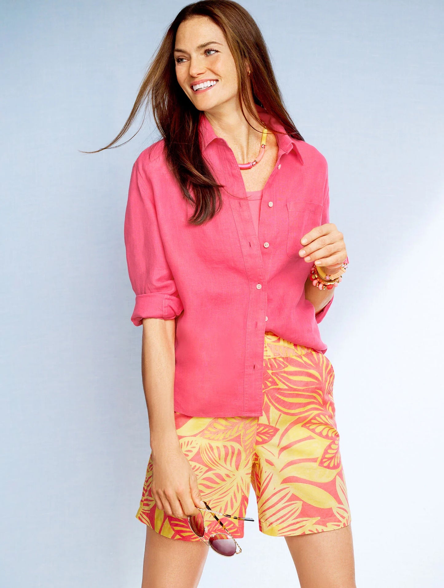 Pull-On Washed Linen Shorts - Watercolor Botanical