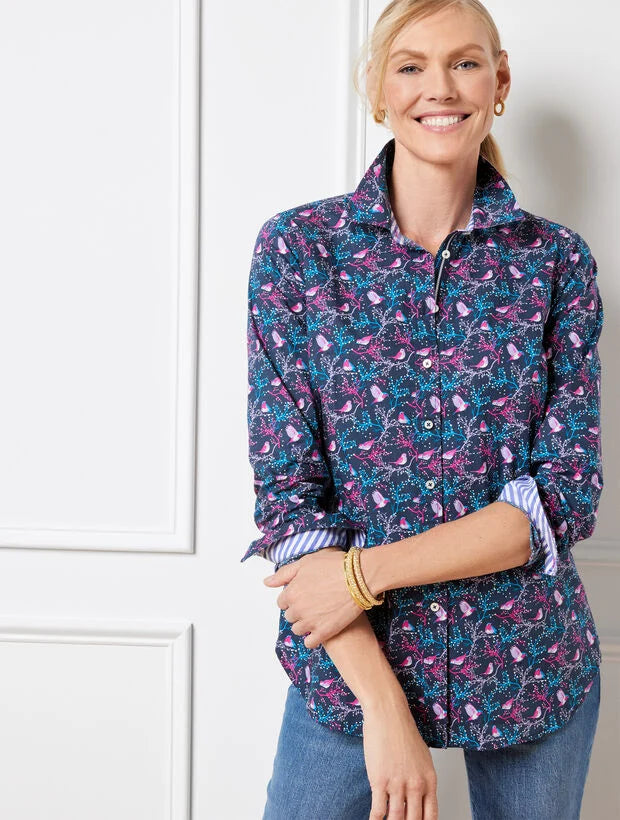 Cotton Button Front Shirt - Festive Cardinals
