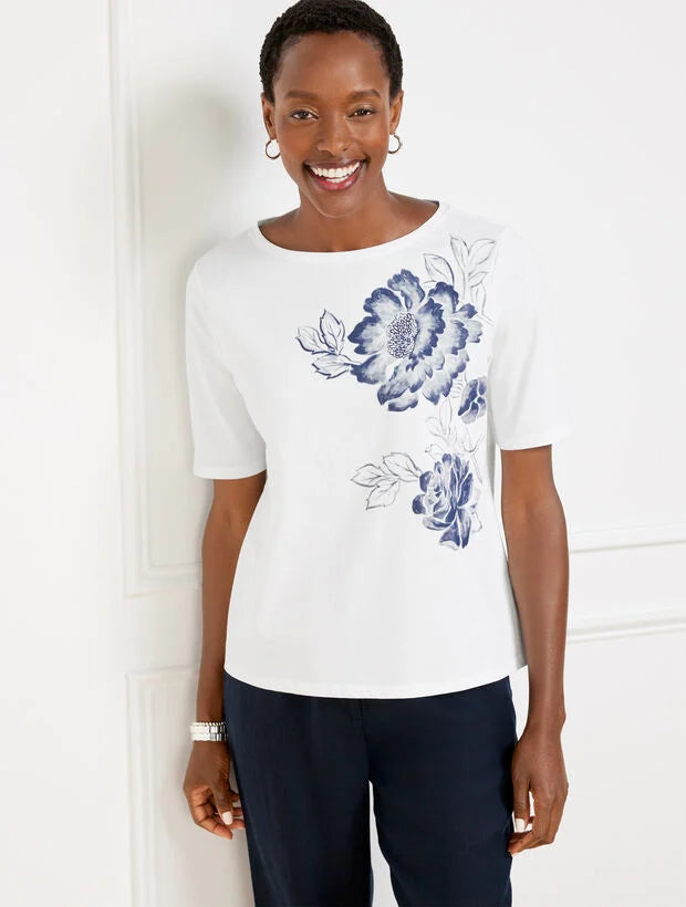 Elbow Sleeve Bateau Neck Tee - Bold Floral