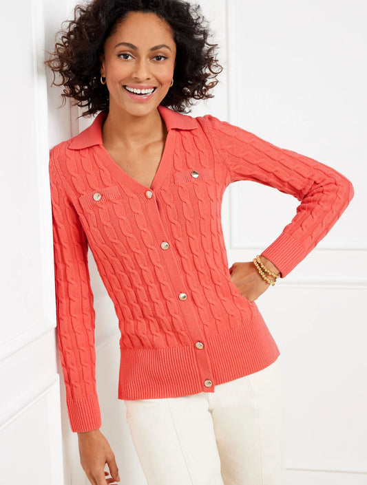 Mixed Cable Knit Polo Cardigan