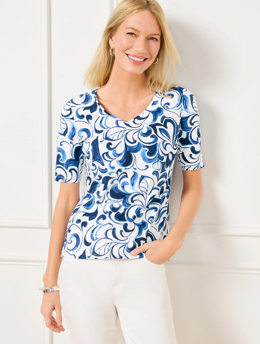 Elbow Sleeve V-Neck Tee - Divine Swirl