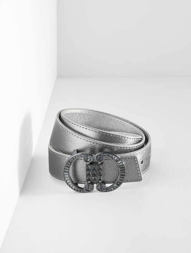 Reversible Metallic Crystal Pebble Leather Belt