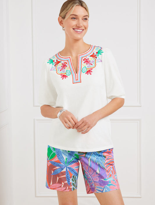 Embroidered Split Neck Top