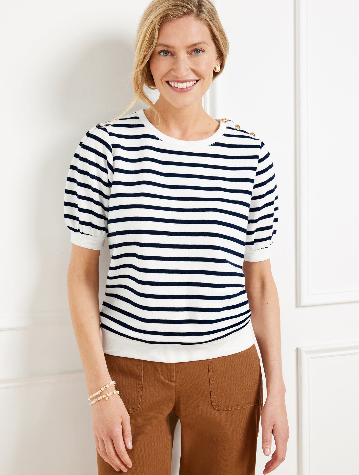 Button Shoulder Crewneck Sweatshirt - Stripe