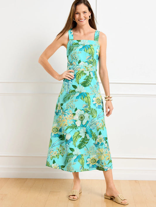 Linen Midi Dress - Tropical Botanical