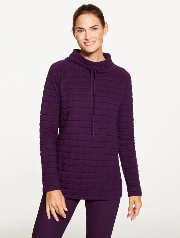 Grid Quilt Funnel Neck Pullover