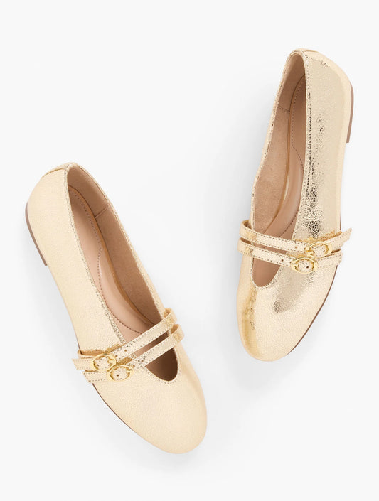 Vera Leather Mary Jane Ballet Flats - Metallic Crackle