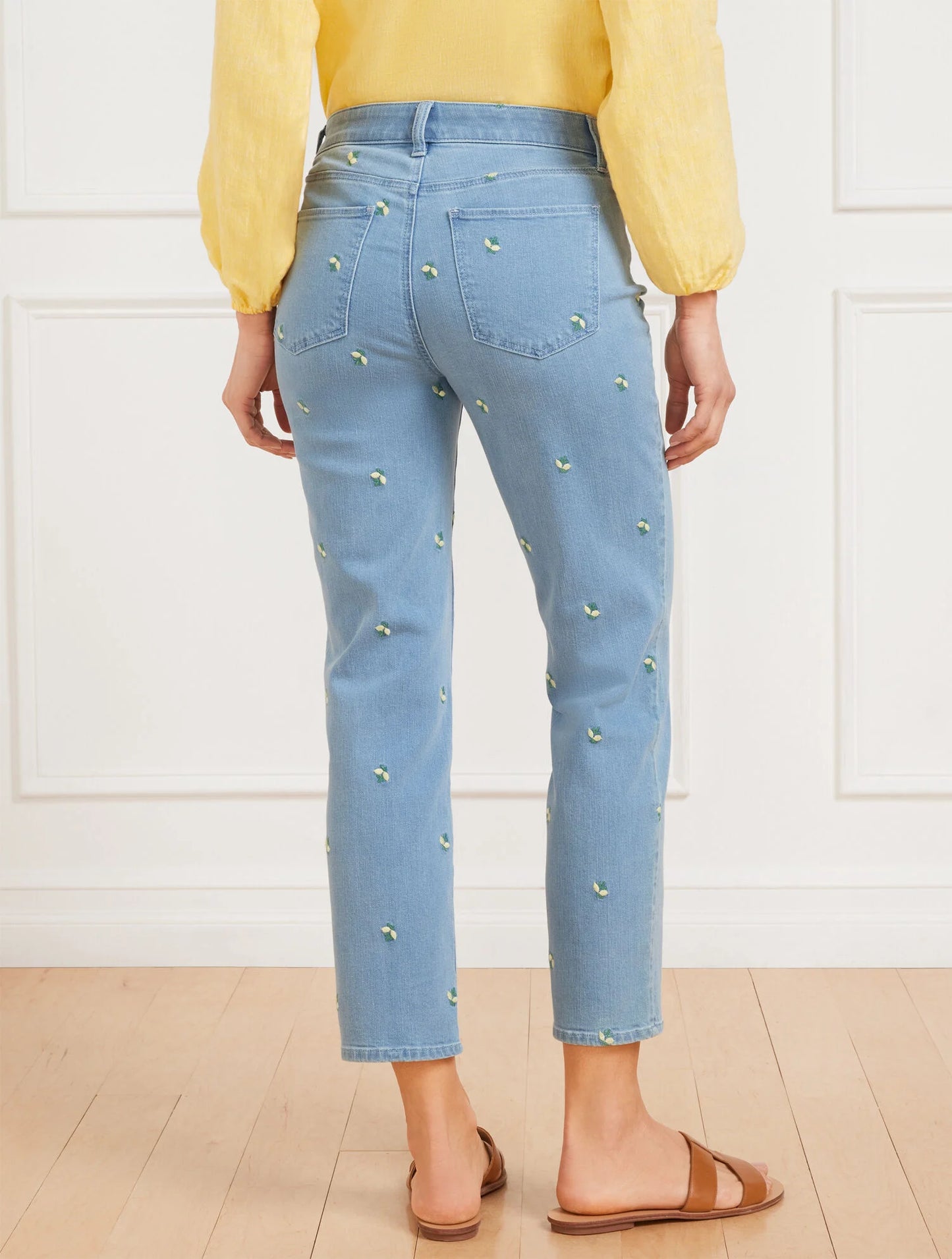 Straight Crop Embroidered Jeans - Tossed Lemon