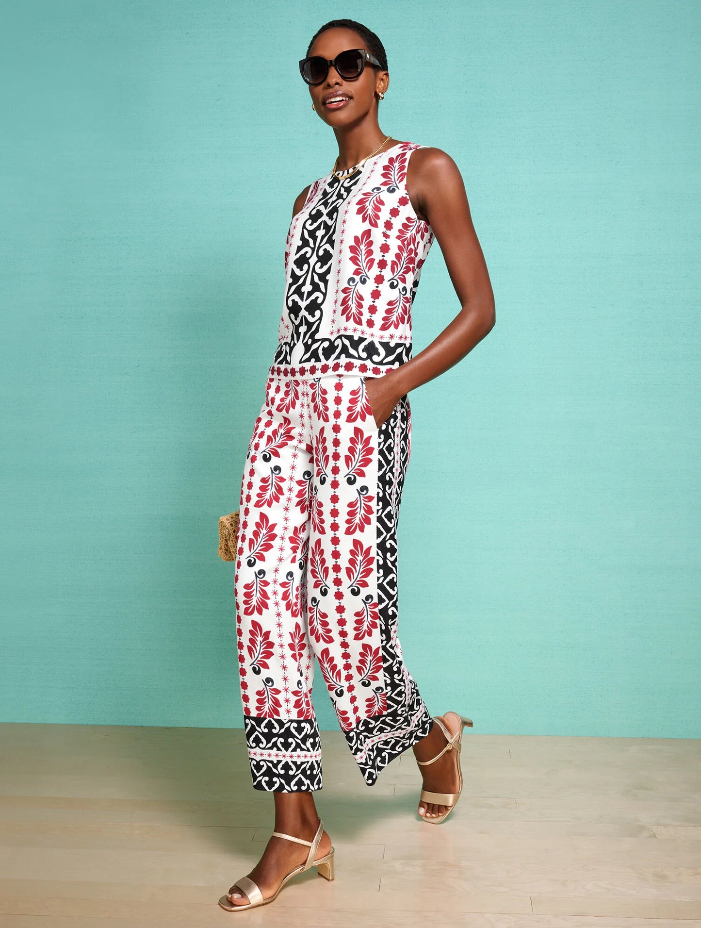 Wide Crop Pull-On Pants - Geometric Palm