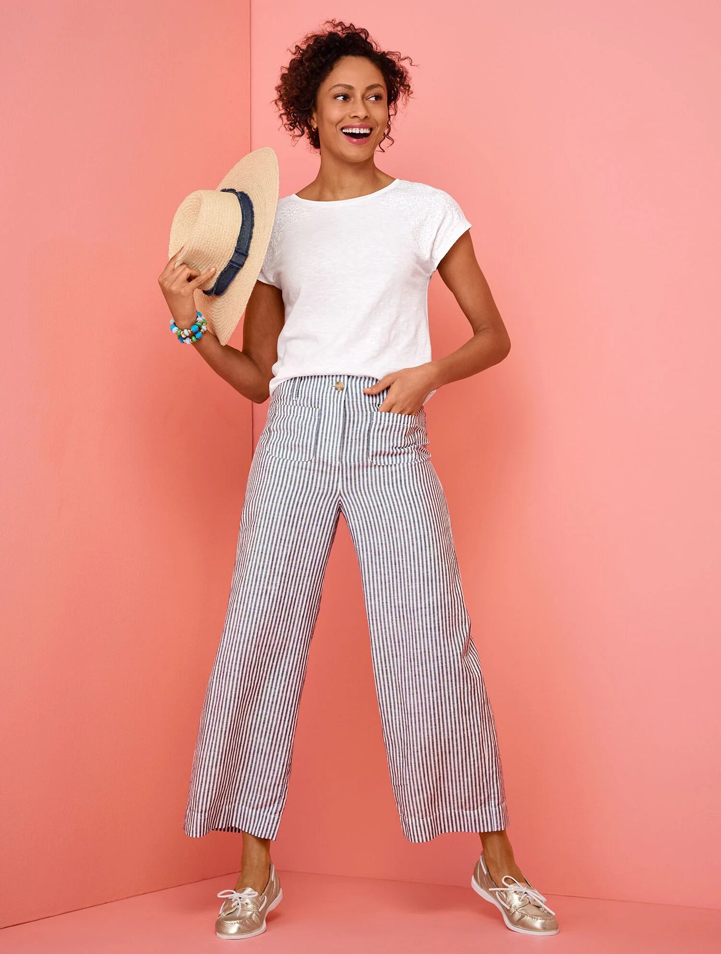 Wide Crop Patch Pocket Washed Linen Pants - Tailored Stripe