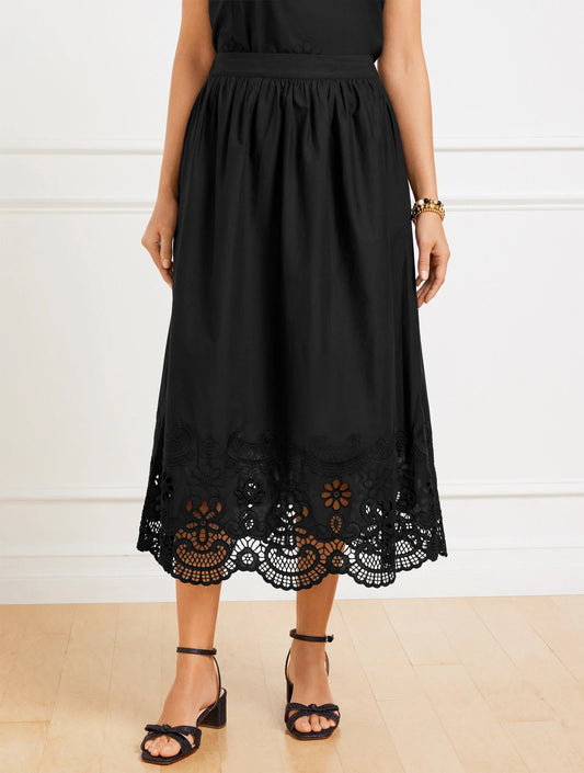 Embroidered Poplin Fit & Flare Midi Skirt