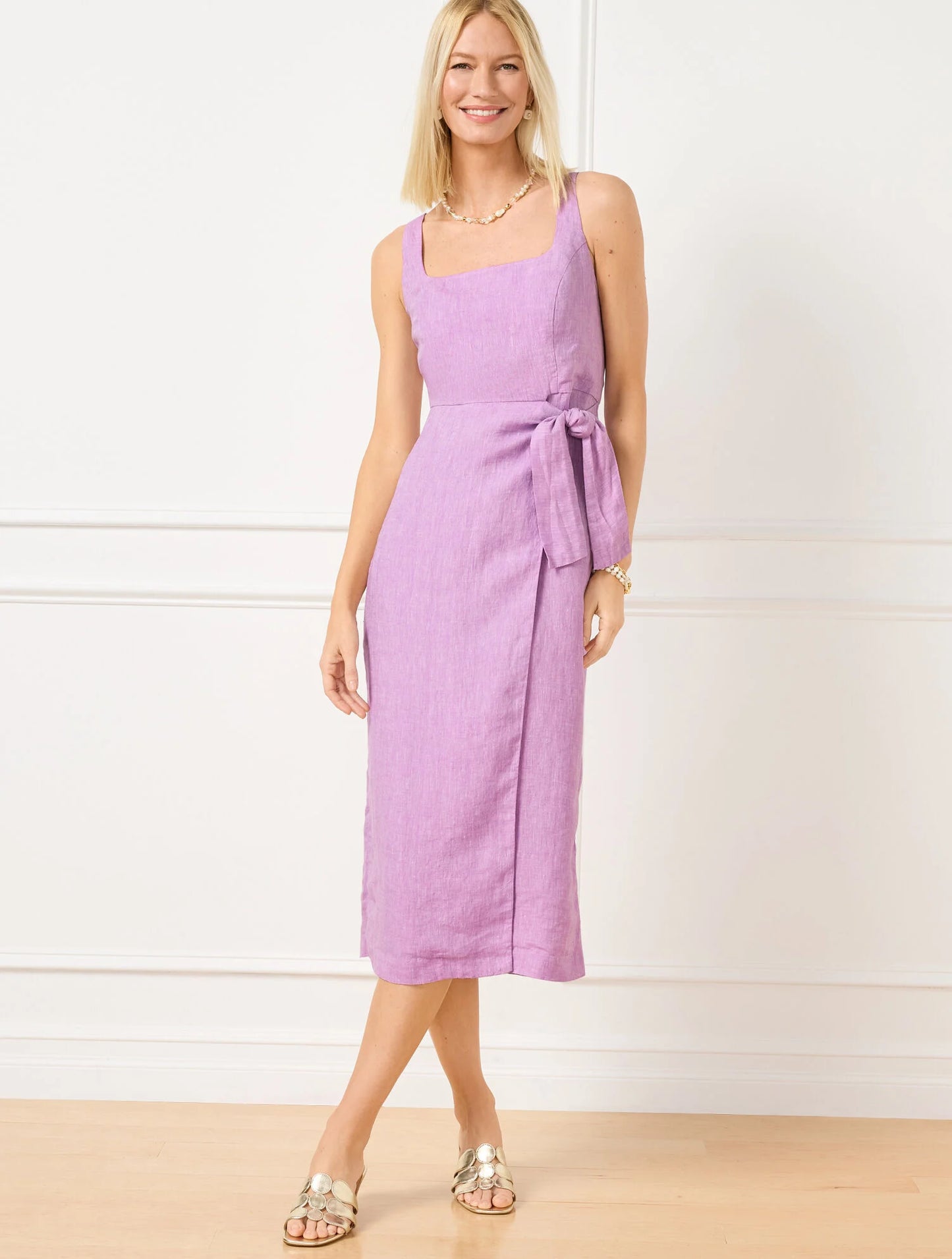 Square Neck Wrap Linen Dress - Cross Dyed
