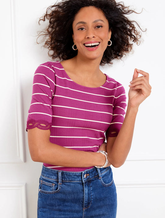 Lace Trim Ballet Neck Tee - Stripe