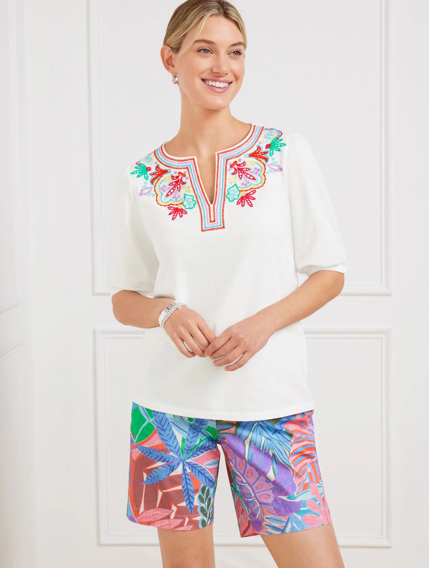 Embroidered Split Neck Top