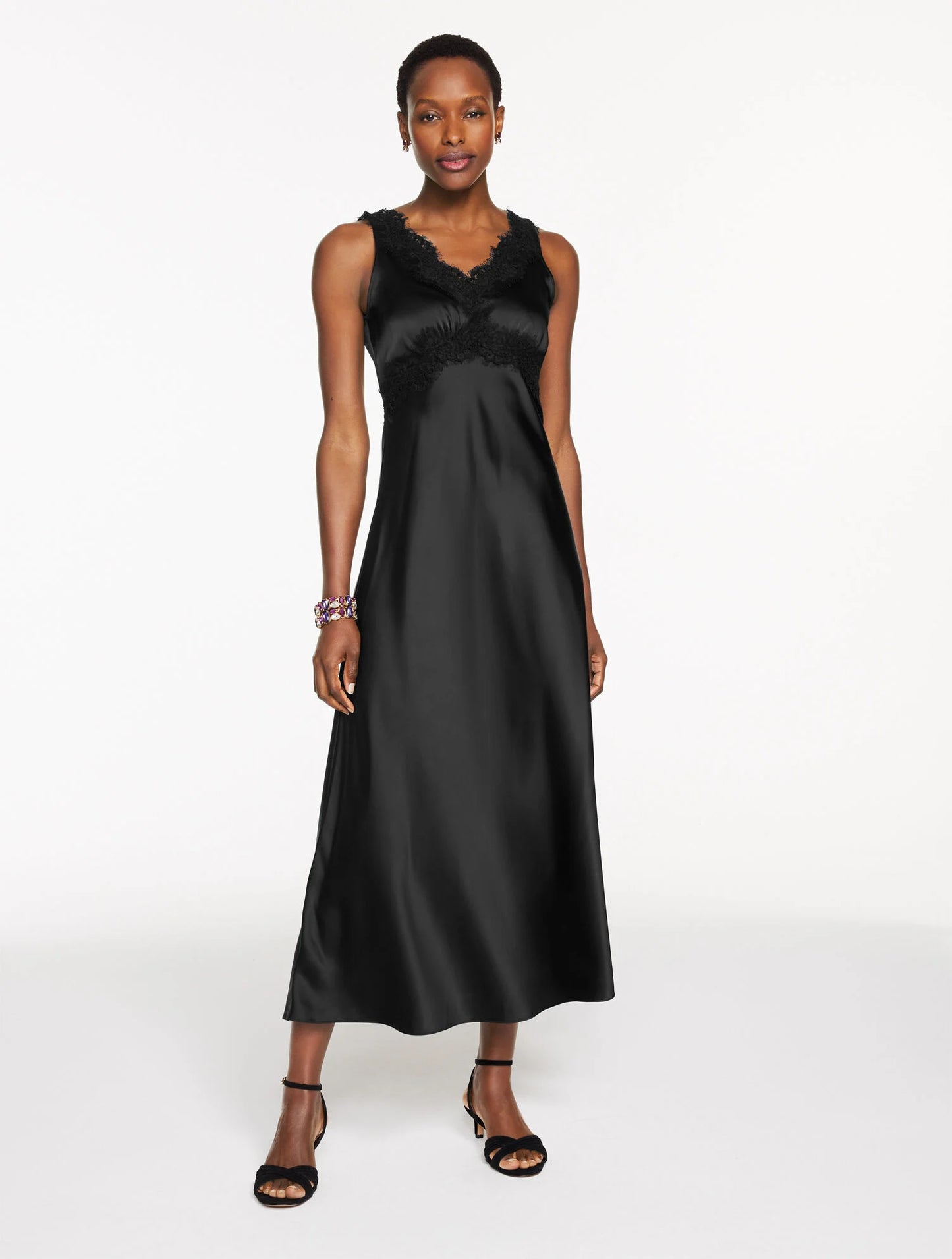Lace Trim Satin Midi Dress
