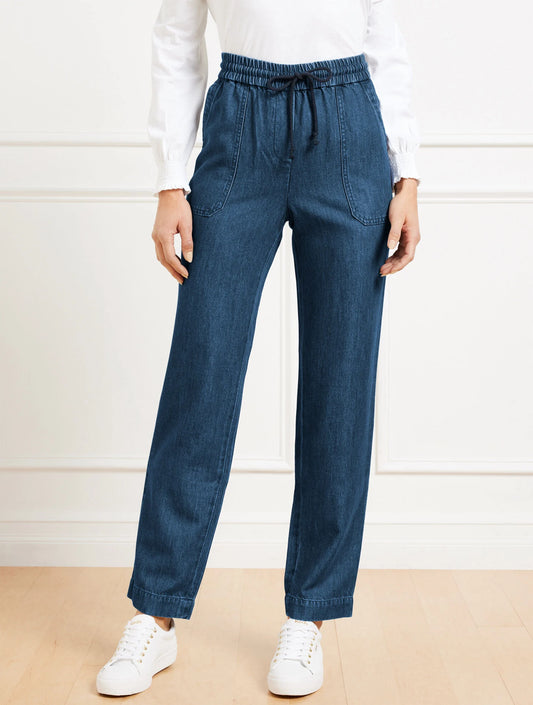 Straight Leg Drawstring Pants - Chambray