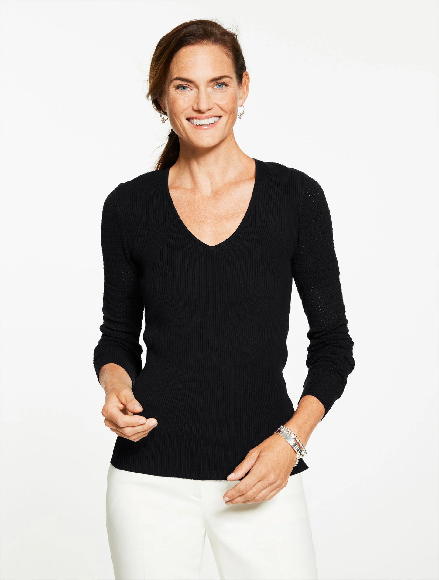 Pointelle Stitch V-Neck Sweater