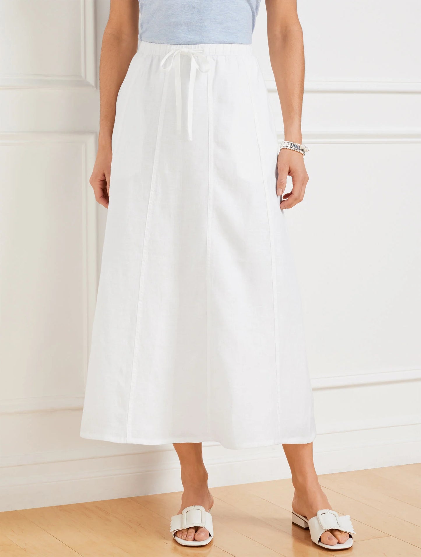 Linen Drawstring Midi Skirt - White