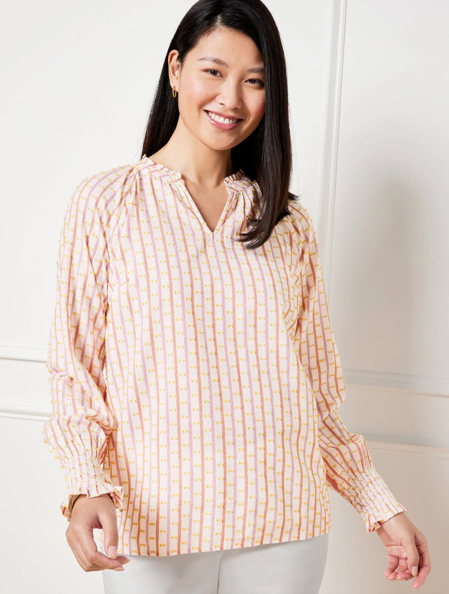 Jacquard Stripe Smocked Cuff Blouse