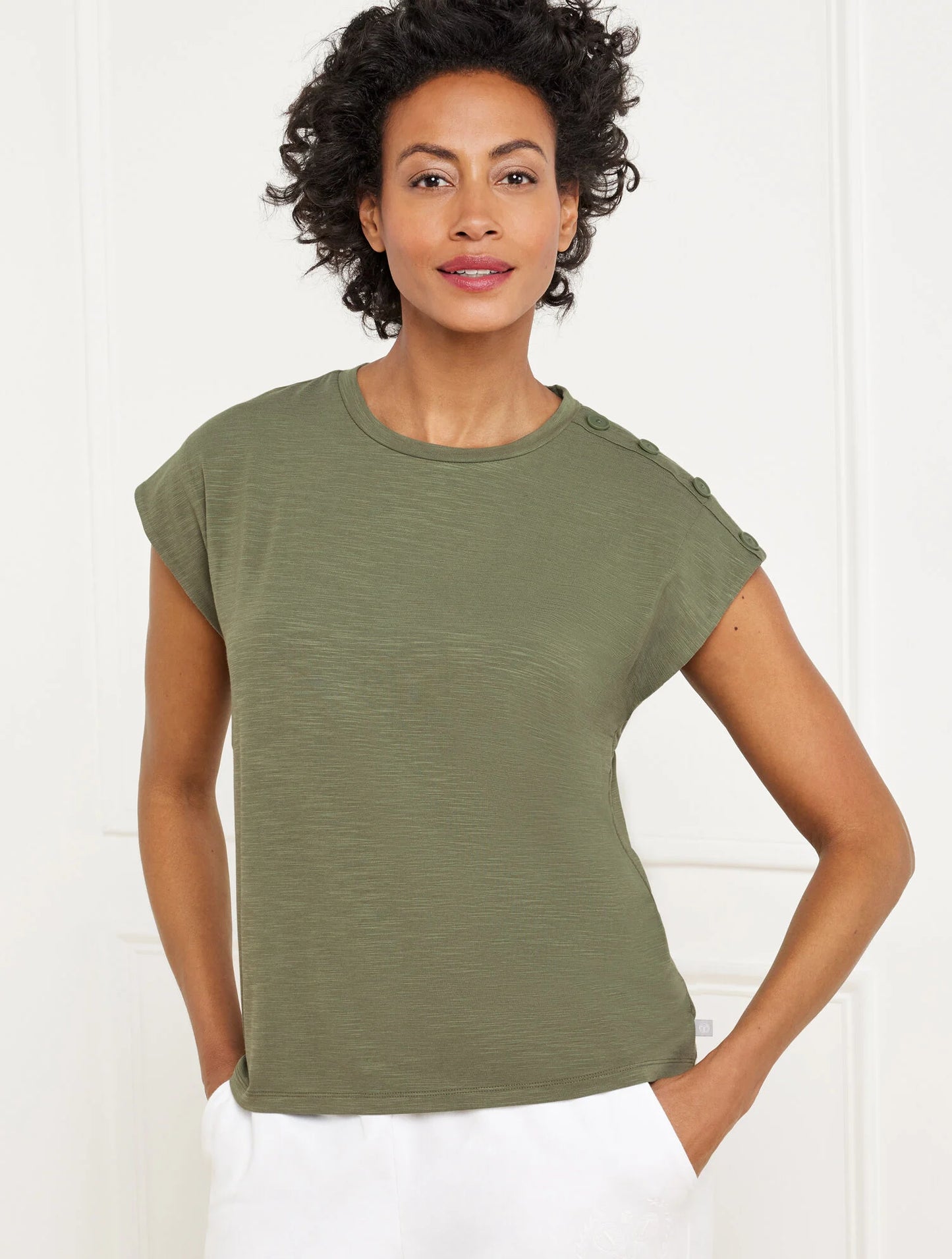 Button Shoulder Cap Sleeve Tee