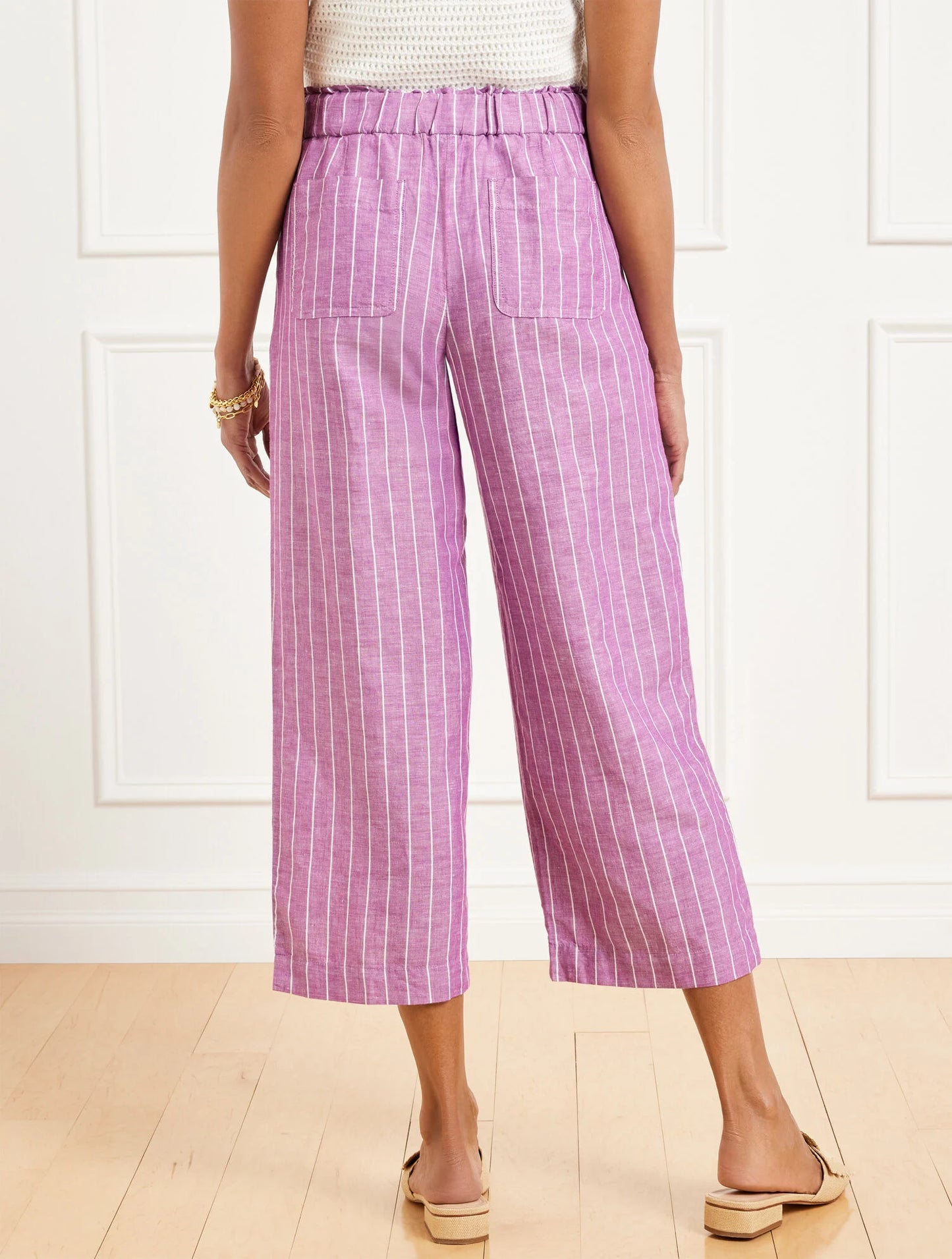 Wide Crop Washed Linen Pull-On Pants - Riviera Stripe