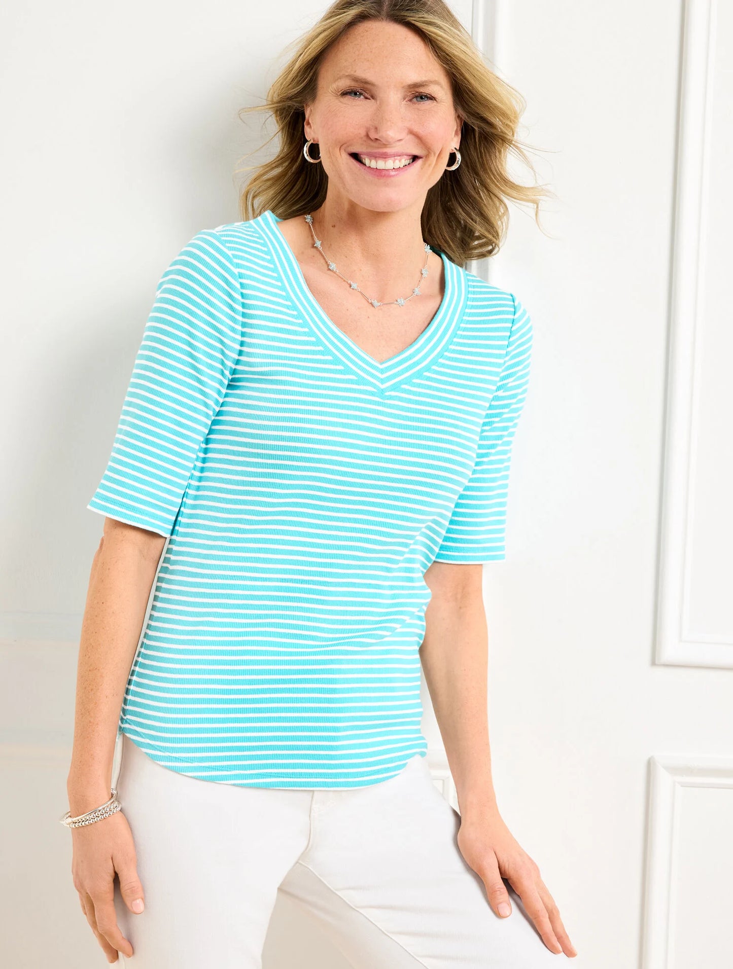 Ribbed V-Neck Tee - Alice Stripe