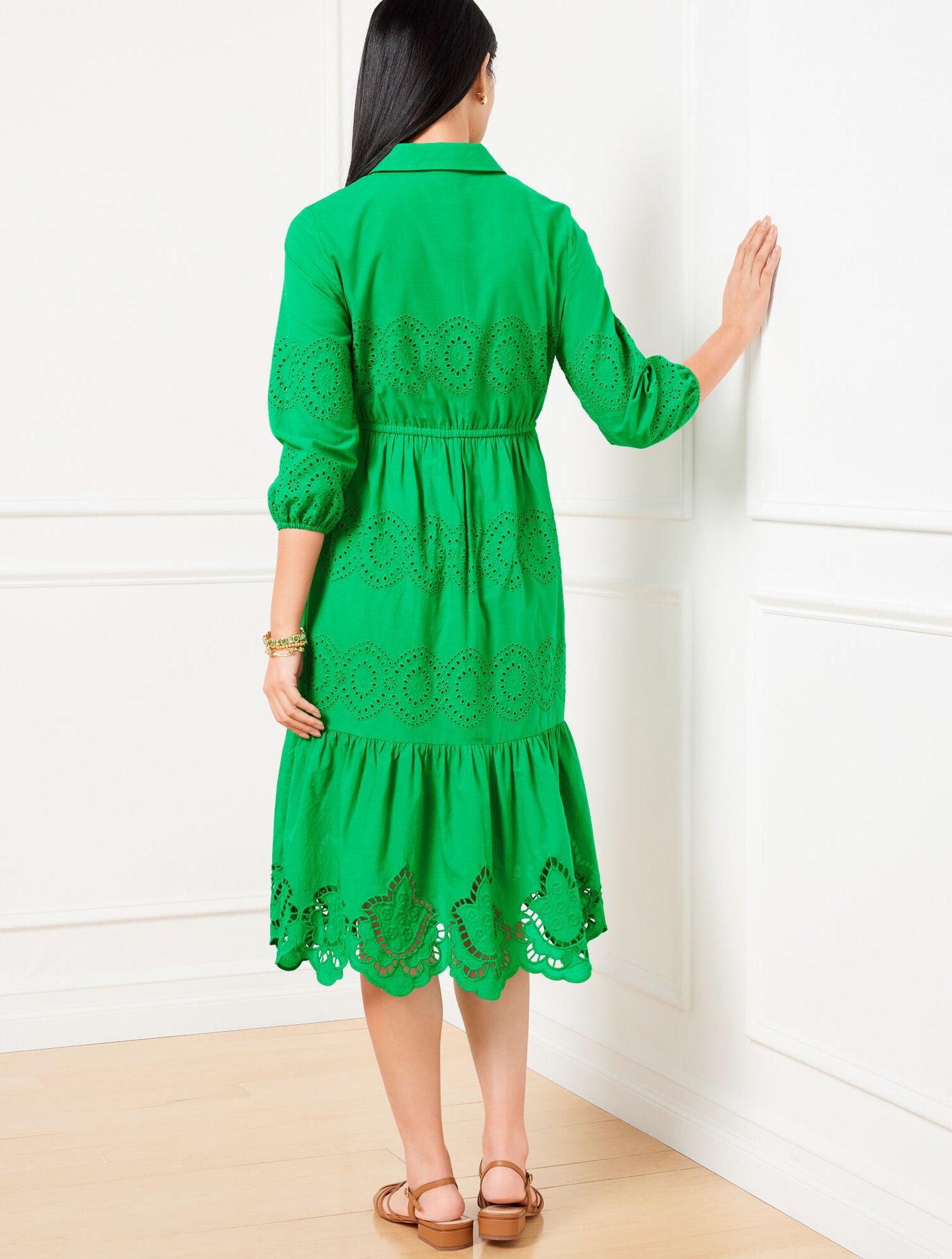 Eyelet Puff Sleeve Poplin Shirtdress