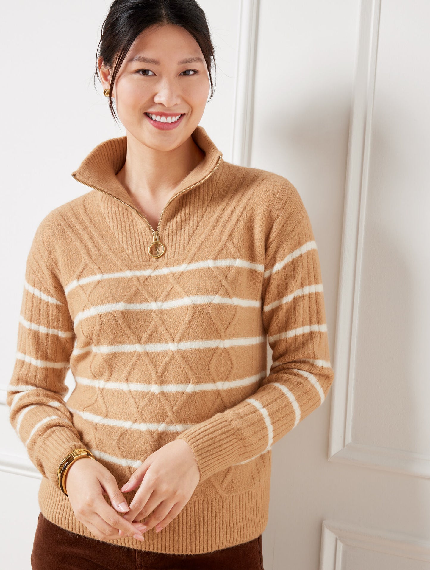 Cable Knit Half-Zip Sweater - Stripe