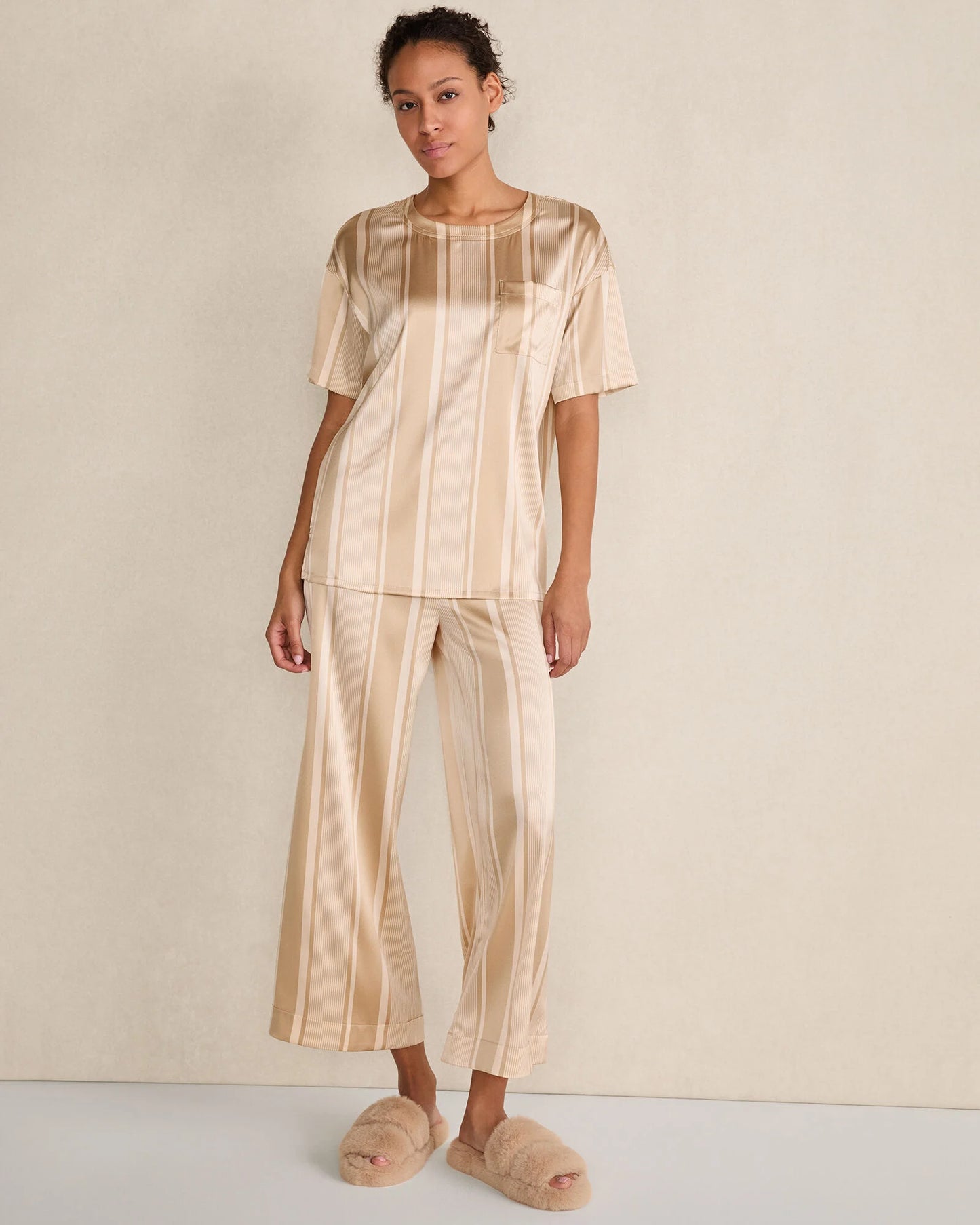 Washable Silk Stripe Cropped Wide Leg Pants