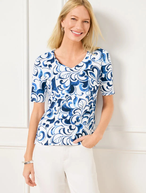 Elbow Sleeve V-Neck Tee - Divine Swirl