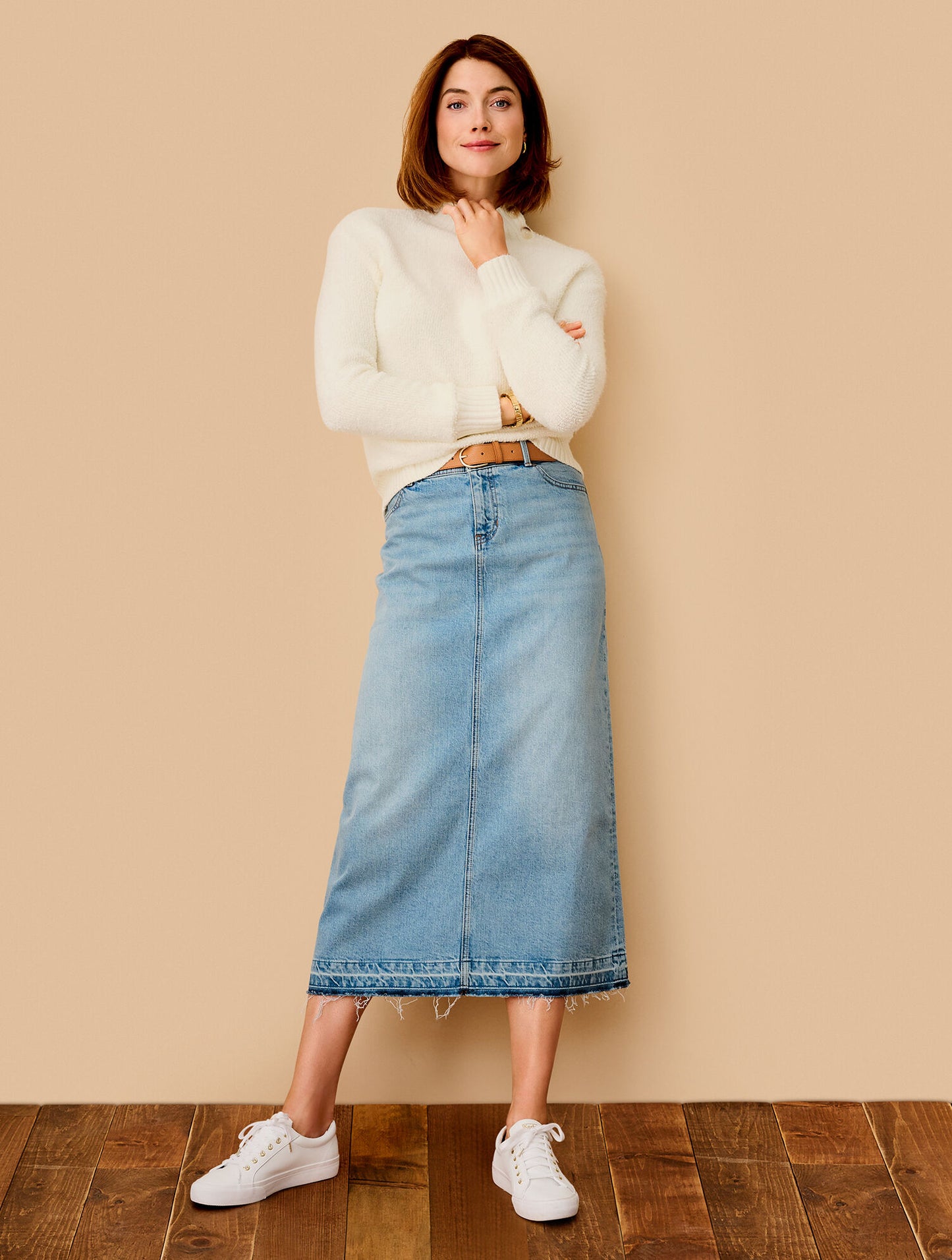 Drop Hem Denim Midi Skirt - Spring Wash