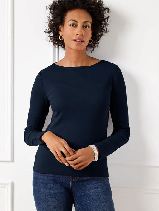 Button Cuff Bateau Neck